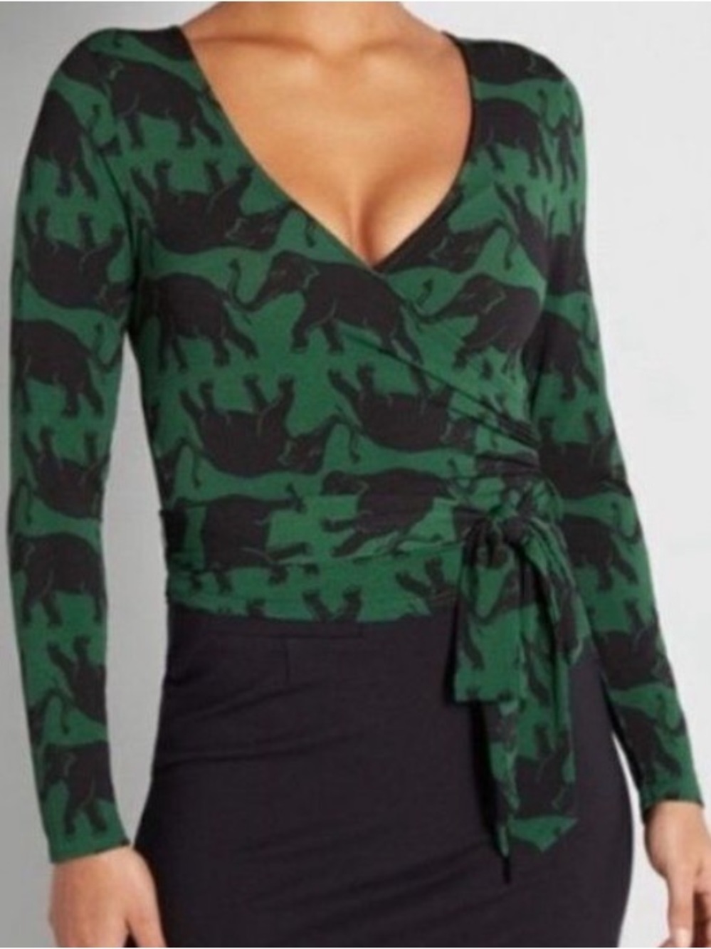 Modcloth Here for the Herd Elephant Novelty Print Faux Wrap Blouse green sz XL